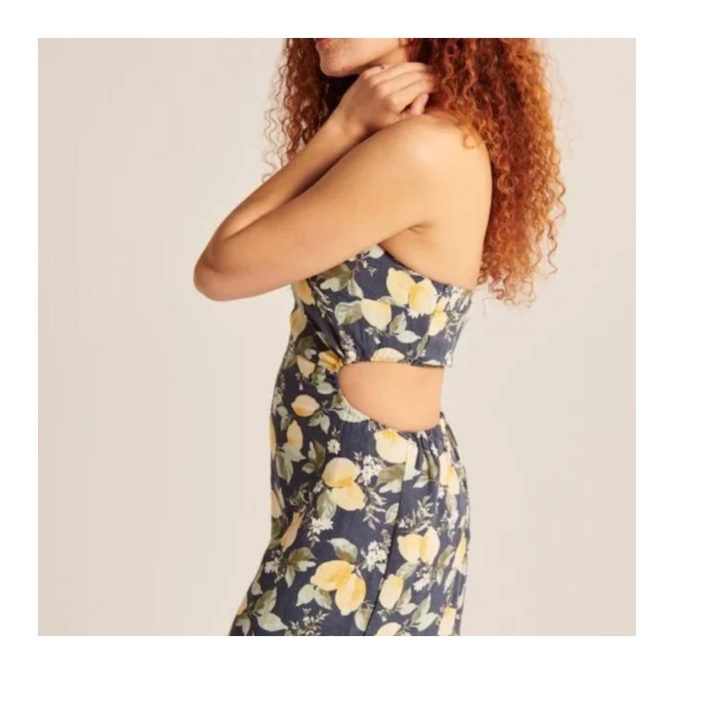 Abercrombie & Fitch Navy Lemon Floral Linen Halter Cut-Out Mini Dress LP Petit
